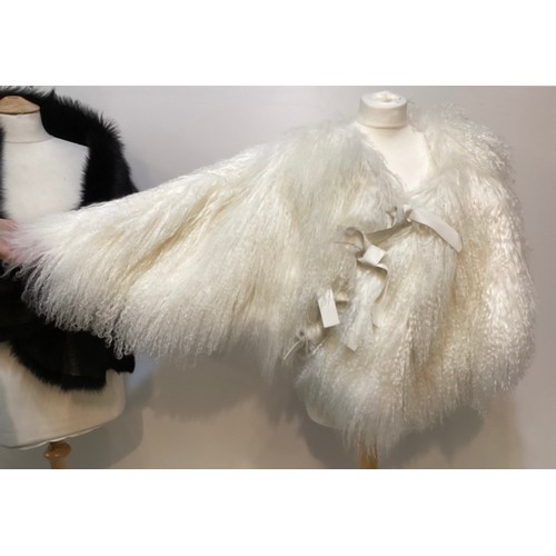 171 - A goat hair style cream wrap cape, EMPORIO ARMANI short fur stole, KARL DONOGHUE black leather and f... 