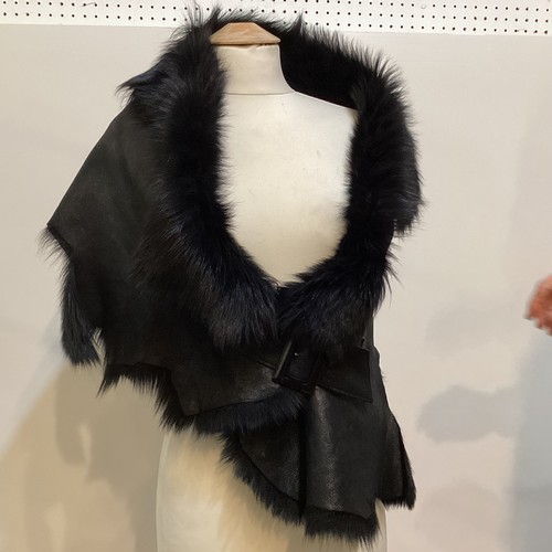 171 - A goat hair style cream wrap cape, EMPORIO ARMANI short fur stole, KARL DONOGHUE black leather and f... 