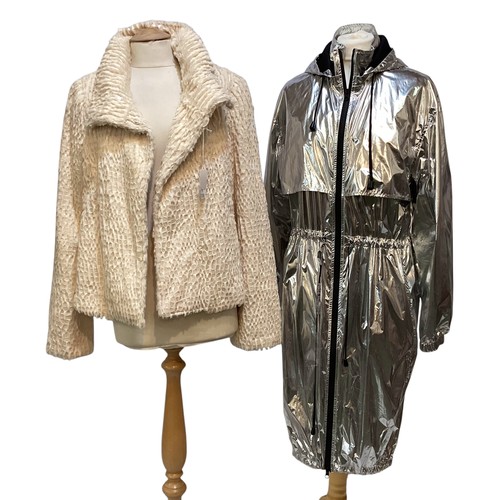 172 - PACO RABANNE silver parker style coat, and, GIORGIO ARMANI short faux fur and faux leather cream jac... 