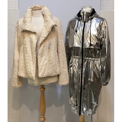 172 - PACO RABANNE silver parker style coat, and, GIORGIO ARMANI short faux fur and faux leather cream jac... 