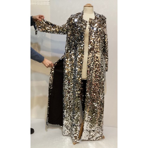 173 - A silver sequin long coat, no label.