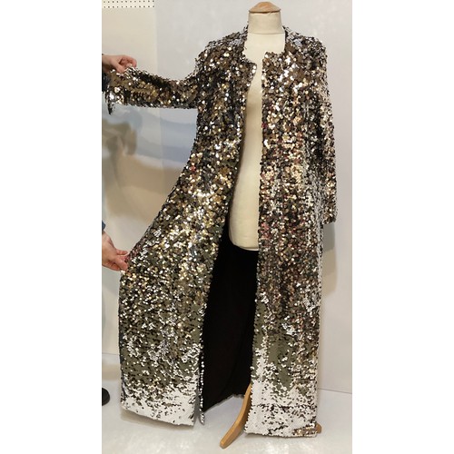 173 - A silver sequin long coat, no label.