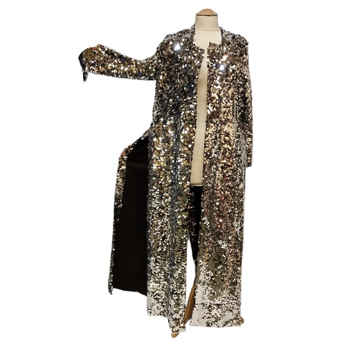 173 - A silver sequin long coat, no label.