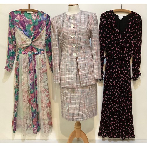 177 - CATHERINE WALKER loose weave multi coloured suit, ZIMMERMANN floral long dress, GHOST black with pin... 