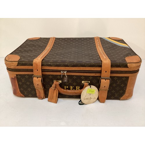 73 - LOUIS VUITTON 'STRATOS' SUITCASE, canvas and leather, brass hardware, in used condition with wear an... 