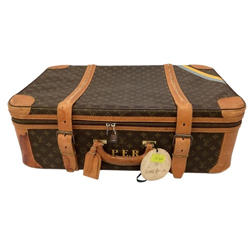 73 - LOUIS VUITTON 'STRATOS' SUITCASE, canvas and leather, brass hardware, in used condition with wear an... 