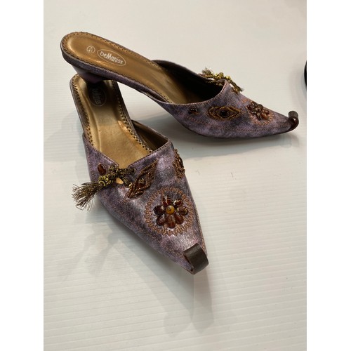 186 - Two pairs of French Sole by Jane Winkworth  shoes purple velvet 41, black velvet 40, and a slip on p... 