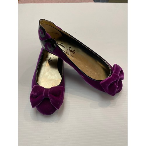 186 - Two pairs of French Sole by Jane Winkworth  shoes purple velvet 41, black velvet 40, and a slip on p... 