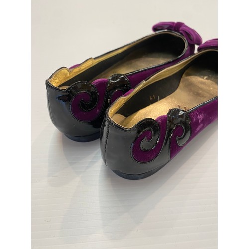 186 - Two pairs of French Sole by Jane Winkworth  shoes purple velvet 41, black velvet 40, and a slip on p... 