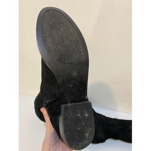 185 - RALPH LAUREN 'Jeannette' long black suede boots with gold buckle detail. Condition very good worn on... 