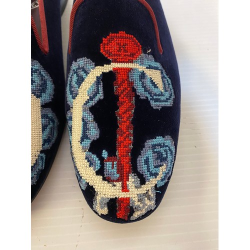 139 - PENELOPE CHILVERS, a pair of navy slippers, embroidered with C, in original box labelled with sticke... 