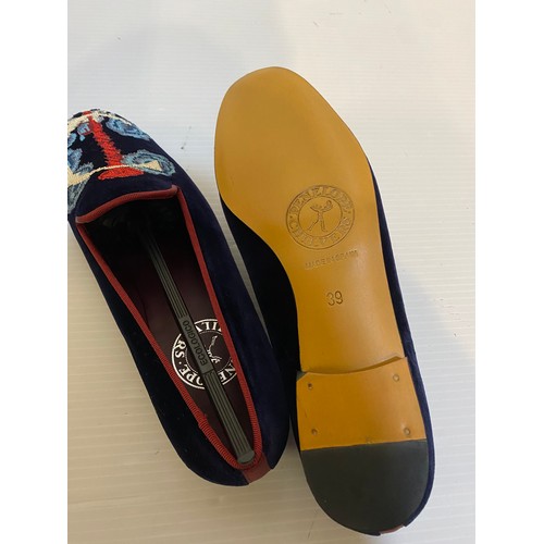 139 - PENELOPE CHILVERS, a pair of navy slippers, embroidered with C, in original box labelled with sticke... 