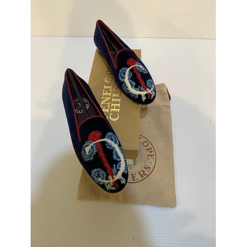 139 - PENELOPE CHILVERS, a pair of navy slippers, embroidered with C, in original box labelled with sticke... 