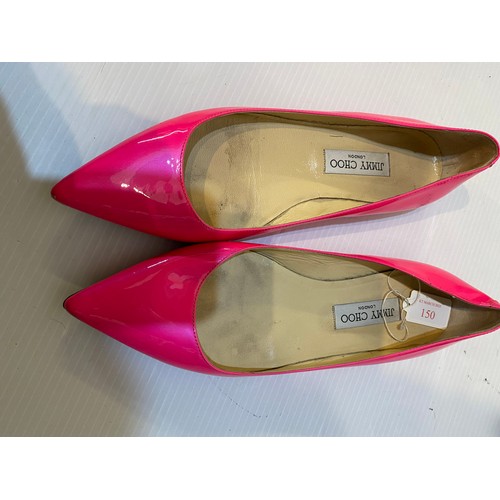 150 - JIMMY CHOO two pairs of shoes, florescent pink flat, brown patent flat, and a pair of PRADA silver h... 