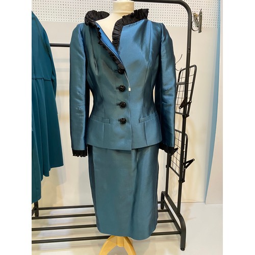 194 - TOMASZ STARZEWSKI couture suit teal colour with black ruffle collar 14. Boutique MOSCHINO silk dress... 