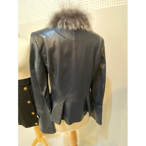 198 - HOLLAND COOPER leather jacket with fur collar size 12, HOLLAND COOPER black wool skirt with brass co... 