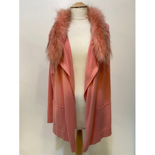 199 - Quilted cape style short coat with fur collar, pink wool cardigan with faux fur collar, brown leathe... 