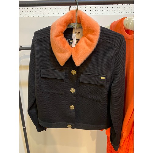 205 - Orange! POM black jacket with faux fur orange collar and 2 knitted tops, three tops and two dresses ... 