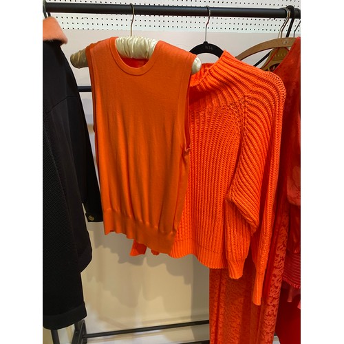 205 - Orange! POM black jacket with faux fur orange collar and 2 knitted tops, three tops and two dresses ... 