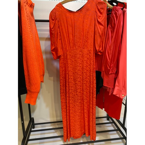 205 - Orange! POM black jacket with faux fur orange collar and 2 knitted tops, three tops and two dresses ... 