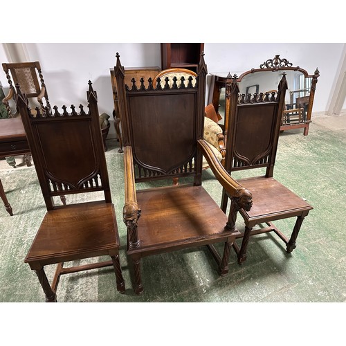 601 - A large gothic arm chair, overall height 132cm,  in a similar design to the previous lot, and two sm... 