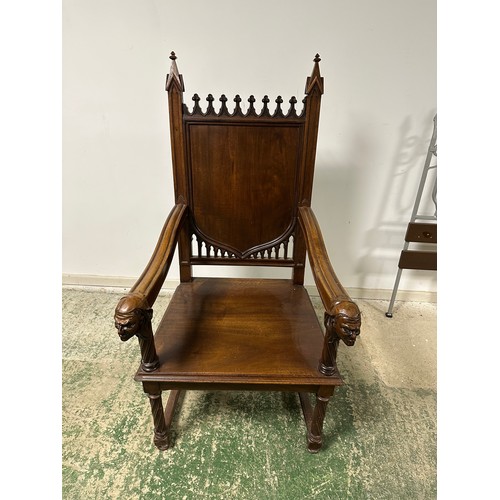 601 - A large gothic arm chair, overall height 132cm,  in a similar design to the previous lot, and two sm... 