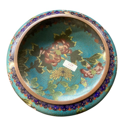 427 - A large cloisonné oriental dish, approx 24cm diameter. All over wear, some losses to interior, wear ... 