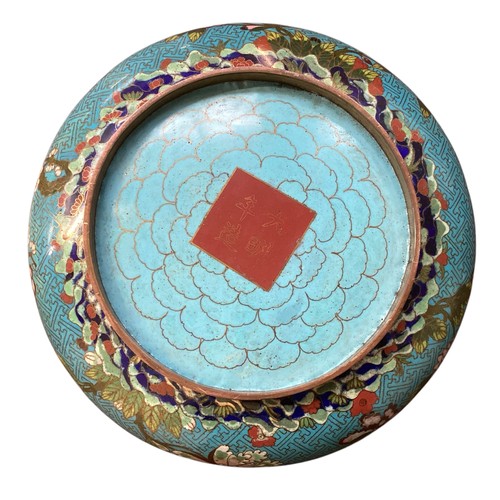 427 - A large cloisonné oriental dish, approx 24cm diameter. All over wear, some losses to interior, wear ... 