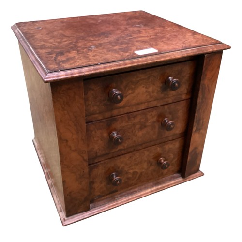 450 - A burr walnut three drawer specimen chest/apprentice piece, 30 cm high and a table.