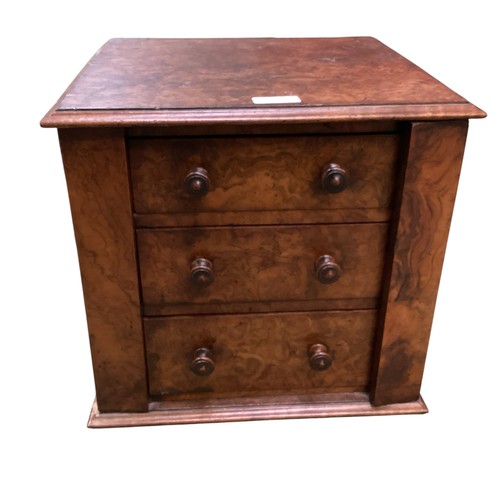 450 - A burr walnut three drawer specimen chest/apprentice piece, 30 cm high and a table.