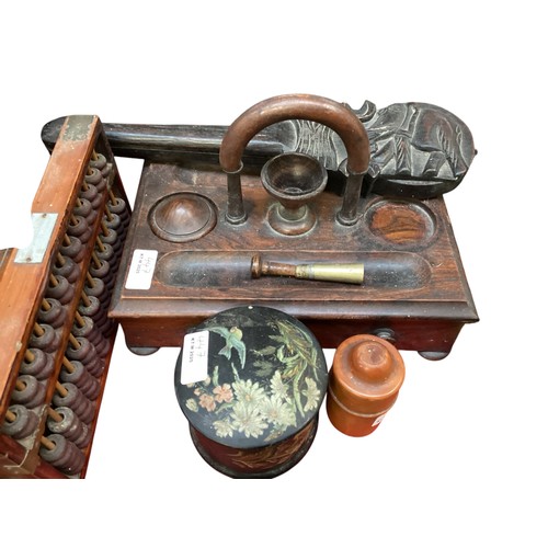 447 - A quantity of mixed collectables to include late C19th and C20th items, tea caddies, wooden statione... 