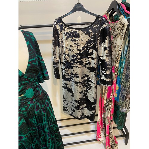 212 - Quantity of dresses (5) including sequins and 2 tops - animal prints and other patterns including ba... 