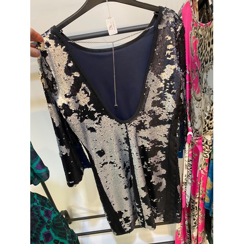 212 - Quantity of dresses (5) including sequins and 2 tops - animal prints and other patterns including ba... 