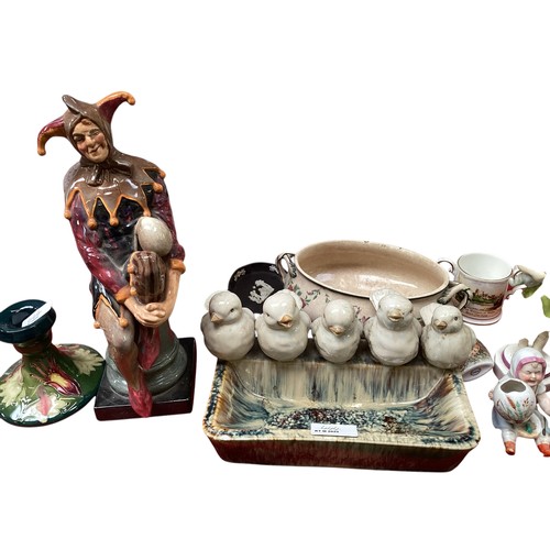 444 - A quantity of general china and glass. To include a pair of table lamps, Royal Doulton Jester etc, s... 