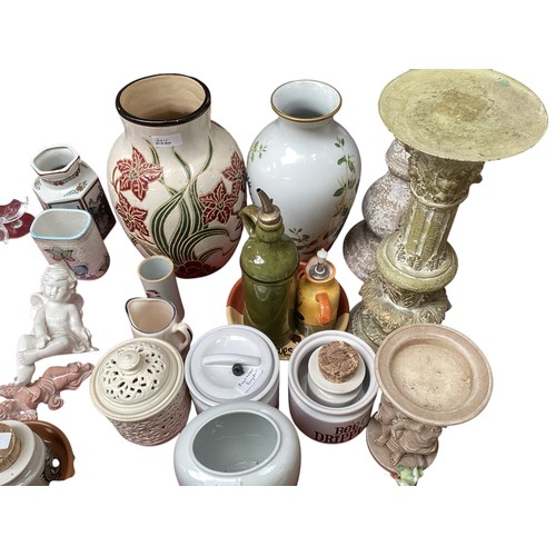 444 - A quantity of general china and glass. To include a pair of table lamps, Royal Doulton Jester etc, s... 