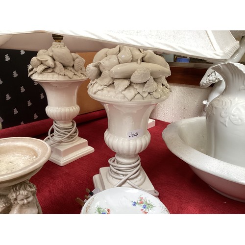 444 - A quantity of general china and glass. To include a pair of table lamps, Royal Doulton Jester etc, s... 