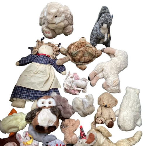 449 - A quantity of teddies and dolls, see images, all as found and sold as seen.