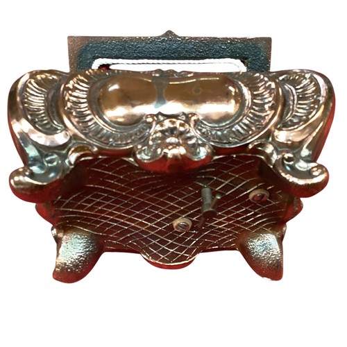 417 - A Continental copper decorative music box, with church finial, much wear and rubbing.