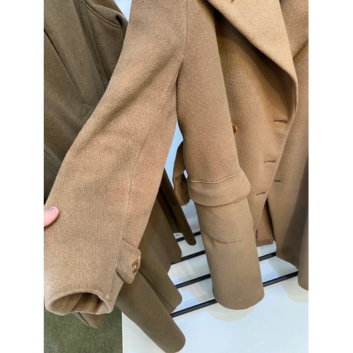 220 - Two wool army style overcoats. Green with double breasted brass style buttons, some damage/repairs a... 