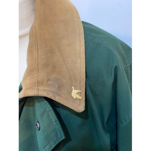 222 - Green GoreTex John Partridge country coat with brown collar size L. Condition good, small stain to c... 