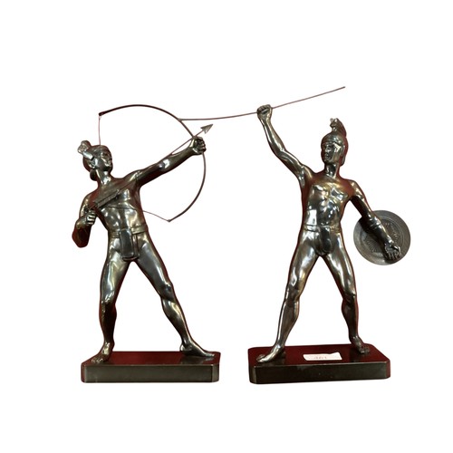 461 - A pair of modern bronzed figures of warriors, approx 28cm high and an Indian brass circular dish.