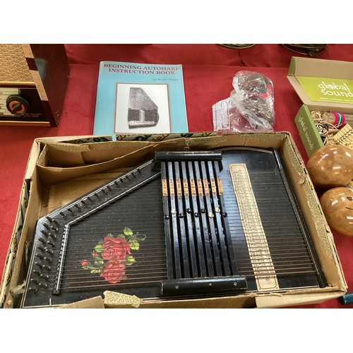 475 - A quantity of Musical Instruments, Zither Violin, recorders, Autoharp with instructions, an  Ekco ra... 