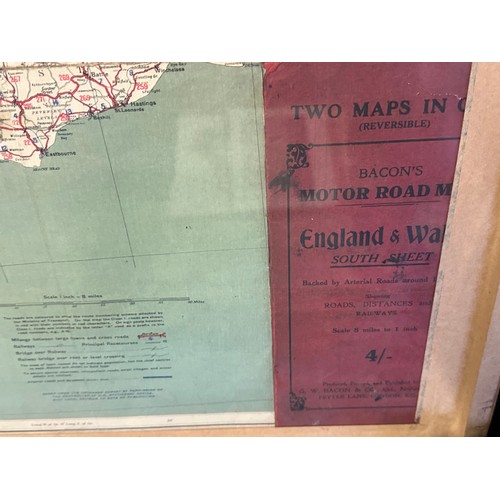 575 - Four framed and glazed maps to include: Two large framed and glazed maps: The Bacons Motor Road Map ... 