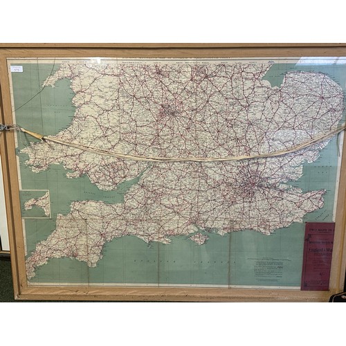 575 - Four framed and glazed maps to include: Two large framed and glazed maps: The Bacons Motor Road Map ... 