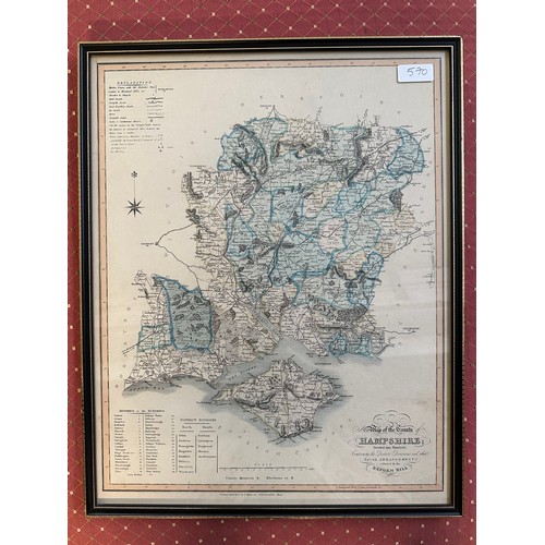 570 - Three framed and glazed maps, Hampshire, Staffordshire, Chester etc and two framed decorative amateu... 