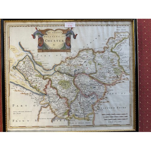 570 - Three framed and glazed maps, Hampshire, Staffordshire, Chester etc and two framed decorative amateu... 