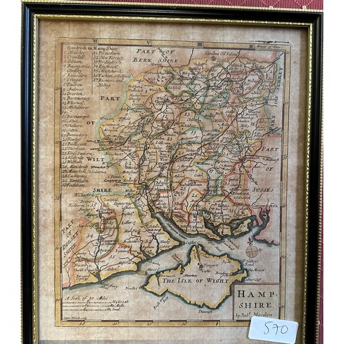 570 - Three framed and glazed maps, Hampshire, Staffordshire, Chester etc and two framed decorative amateu... 