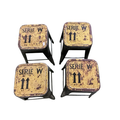 648 - Four industrial metal stools, with painted yellow rustic top, 49cm High