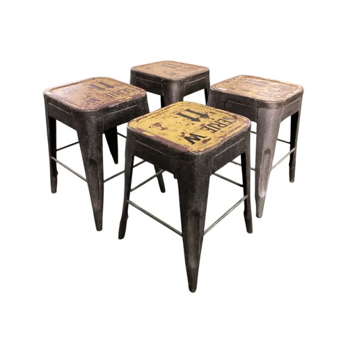 648 - Four industrial metal stools, with painted yellow rustic top, 49cm High