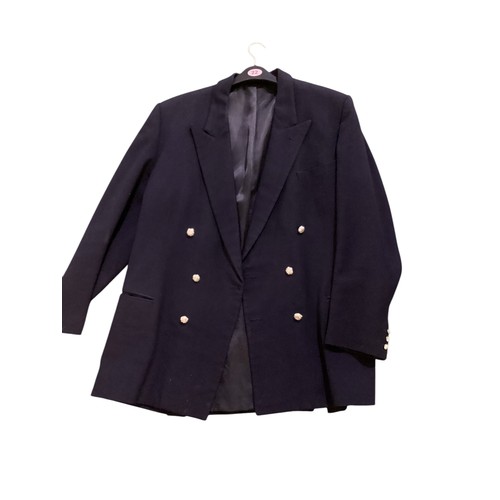 245 - Quantity of gentleman's clothes to include, two double navy blazers both with military buttons, one ... 